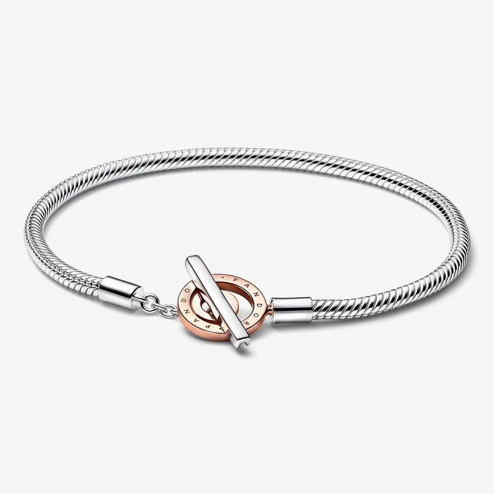 Cheap Pandora Pulseira Malha Snake Barra T Logotipo Dois Tons Signature