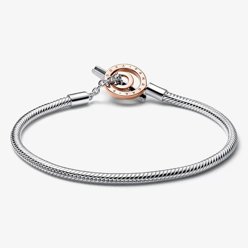 Cheap Pandora Pulseira Malha Snake Barra T Logotipo Dois Tons Signature