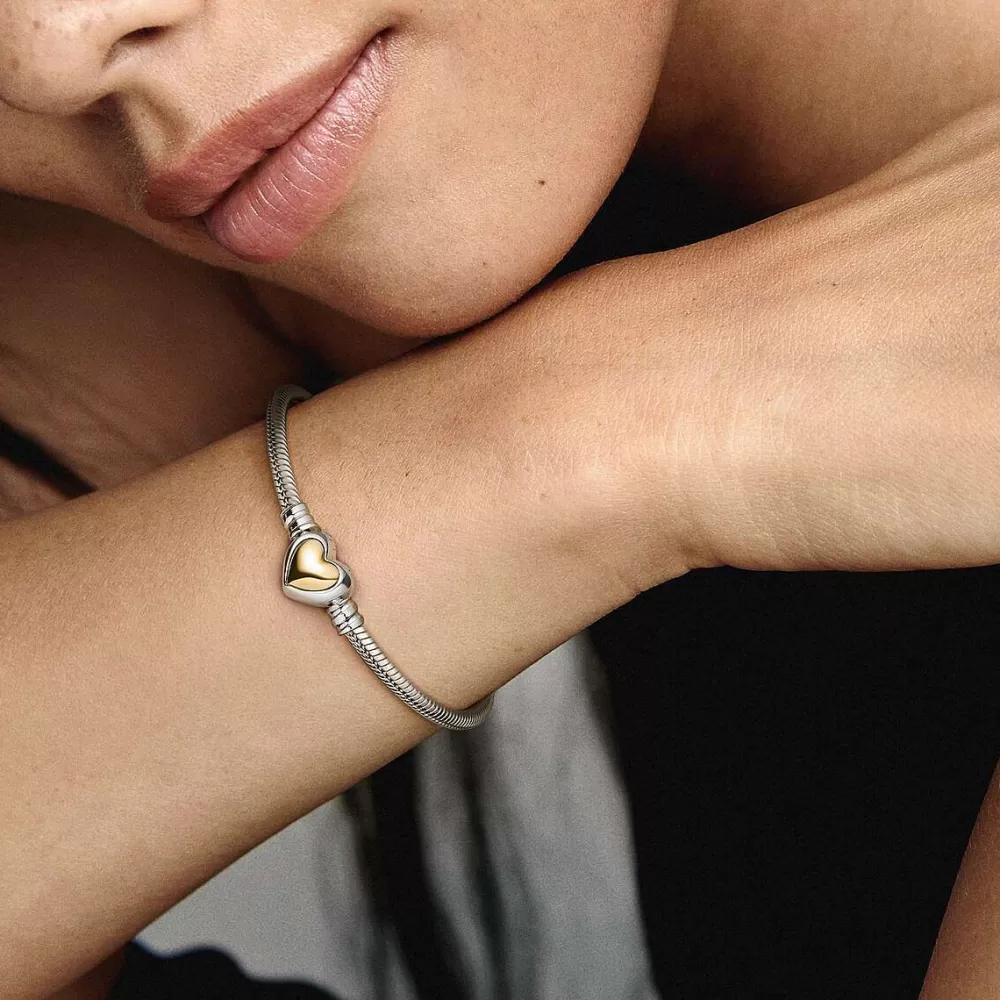 Flash Sale Pandora Pulseira Malha Snake Fecho Coracao Dourado Abobadado